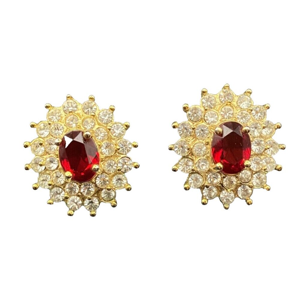 Faux Ruby Earrings CZ Double Halo Starburst Gold Tone 3/4" Pierced 80's Bling